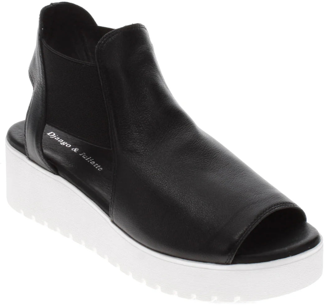 Black leather open-toed ankle bootie with white flatform sole.