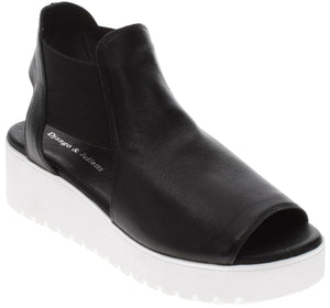 Black leather open-toed ankle bootie with white flatform sole.