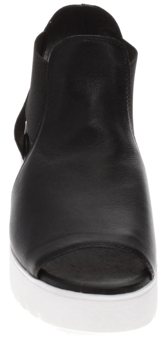 Black leather peep-toe platform sandal.