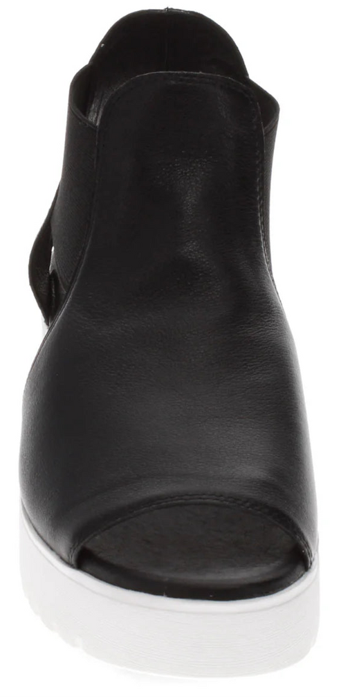 Black leather peep-toe platform sandal.