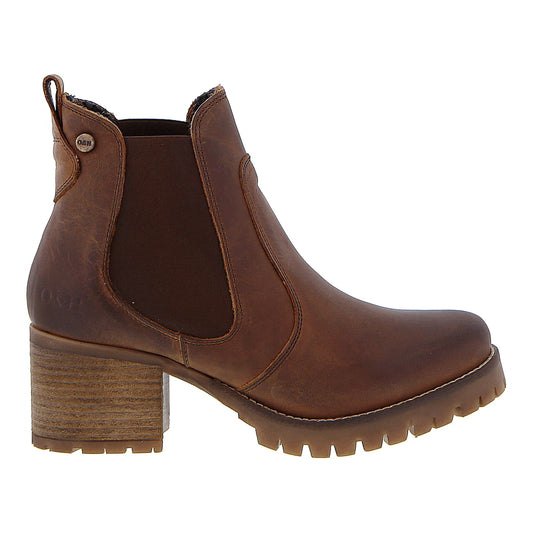 A brown leather ankle boot with elastic side panels and a chunky block heel and lug sole.