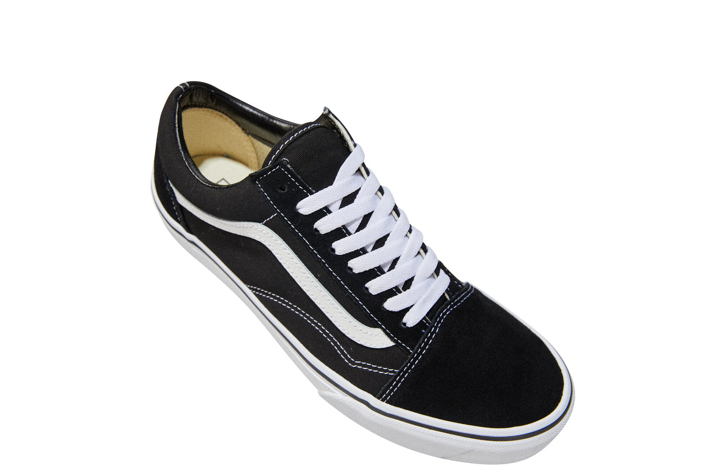 Black canvas low top sneaker with white laces and side stripe.