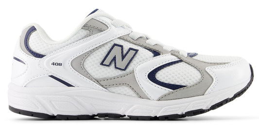 A white running shoe with a navy blue 'N' logo and dark sole.