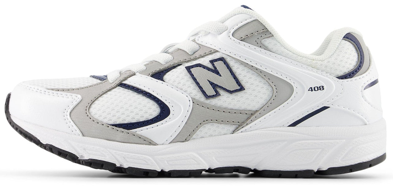 A white running shoe with gray accents and the letter N, with '408' printed on the side.