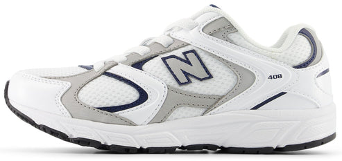 A white running shoe with gray accents and the letter N, with '408' printed on the side.