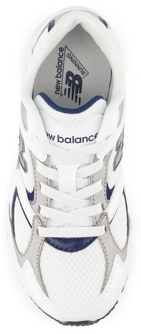 A bird's-eye view of a white New Balance running shoe with white laces.