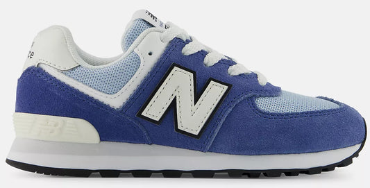 A blue and white sneaker with a large 'N' logo on the side.