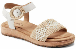 White sandal with raffia-style strap and ankle buckle.