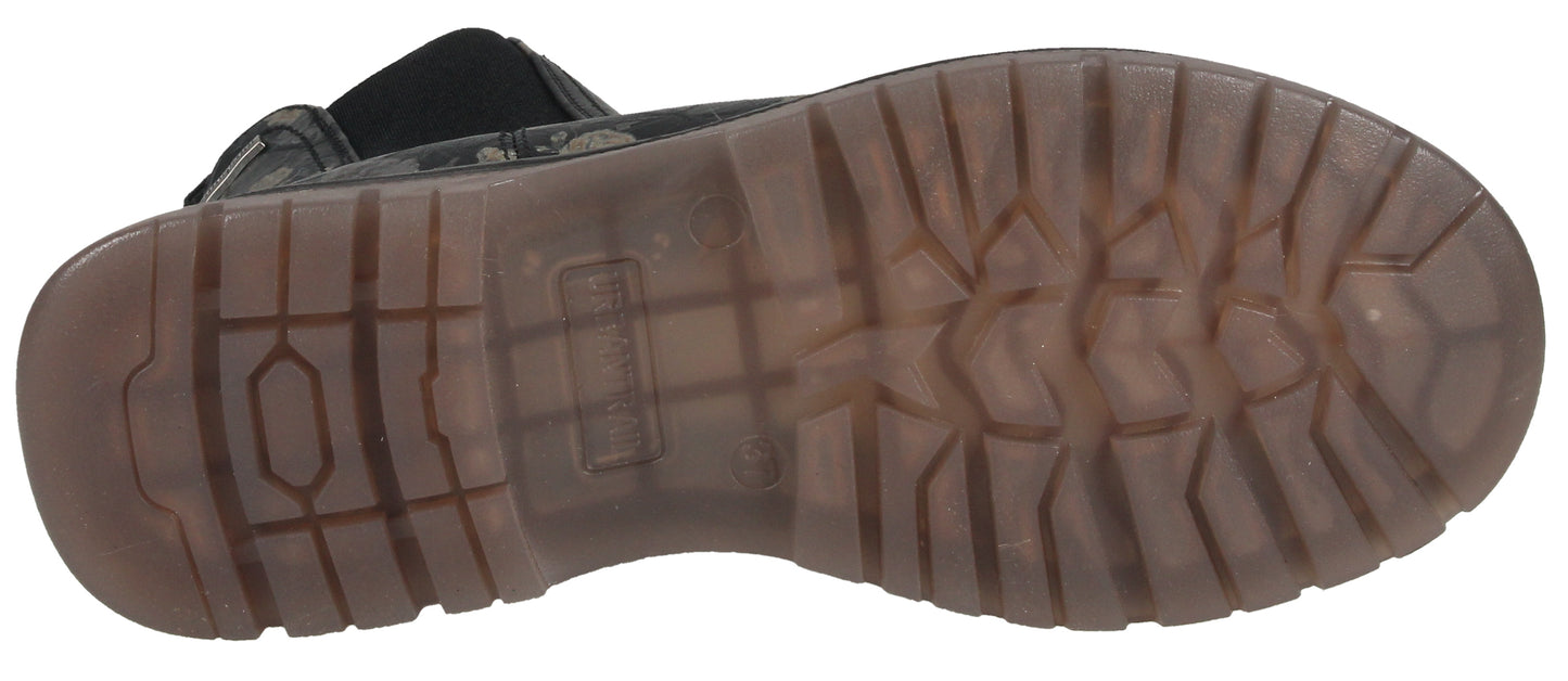 Brown lug sole of a shoe.