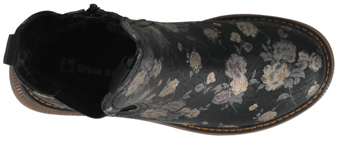 A top-down view of a black floral print boot.