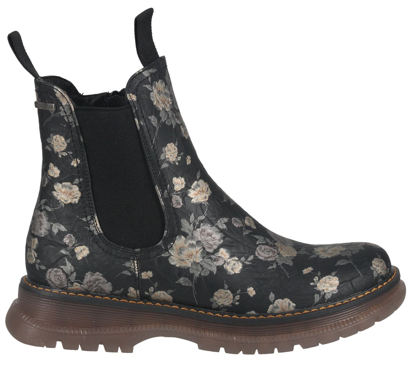 Chelsea-style ankle boot in black with floral print and brown lug sole.