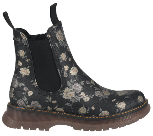 Chelsea-style ankle boot in black with floral print and brown lug sole.