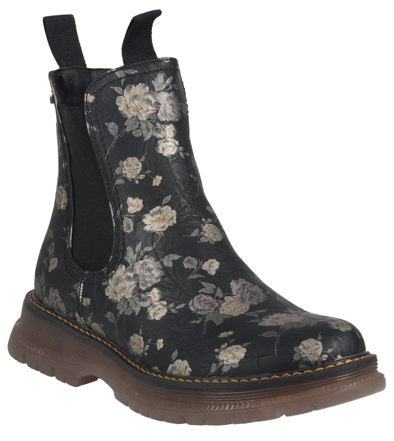 Chelsea boot in black with floral pattern, pull tabs, and lug sole.