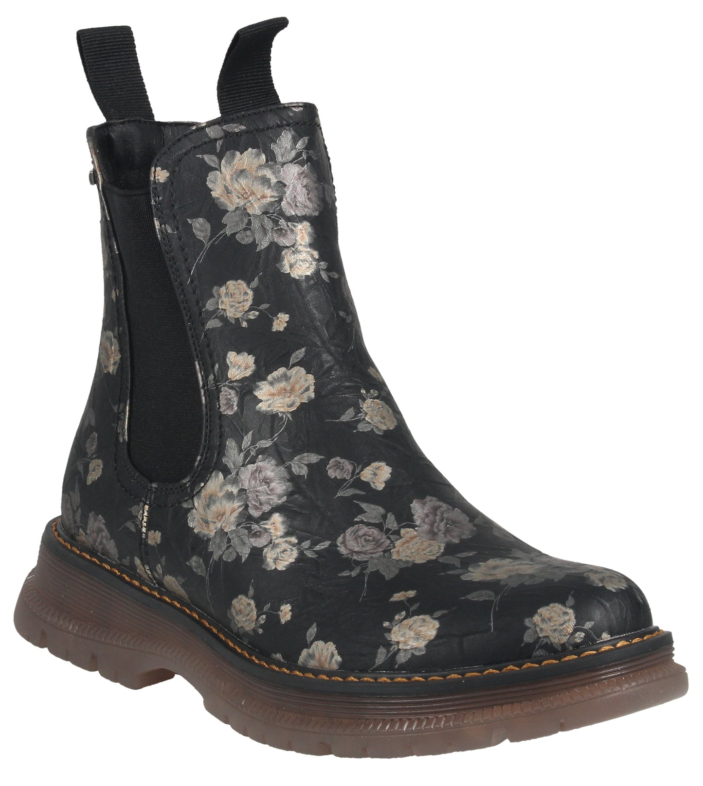 Chelsea boot in black with floral pattern, pull tabs, and lug sole.