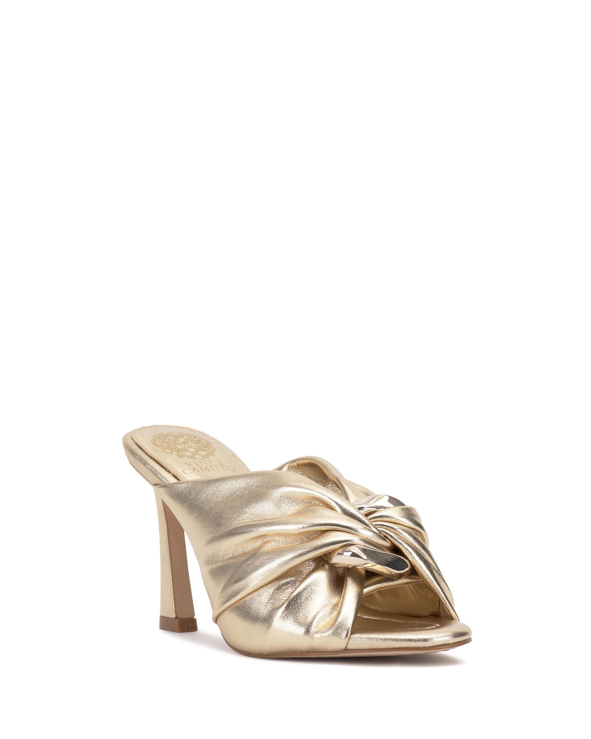 Gold high heel mule with a twisted knot detail on the upper.