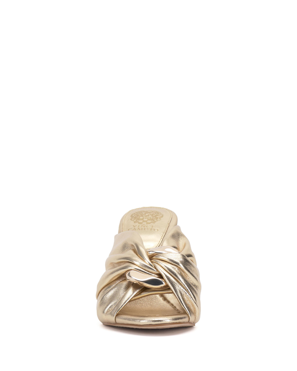 Gold color women's mule with a knotted design in the front