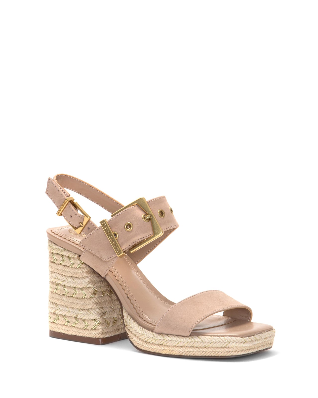 Espadrille platform heel in light brown leather with ankle strap and gold hardware.