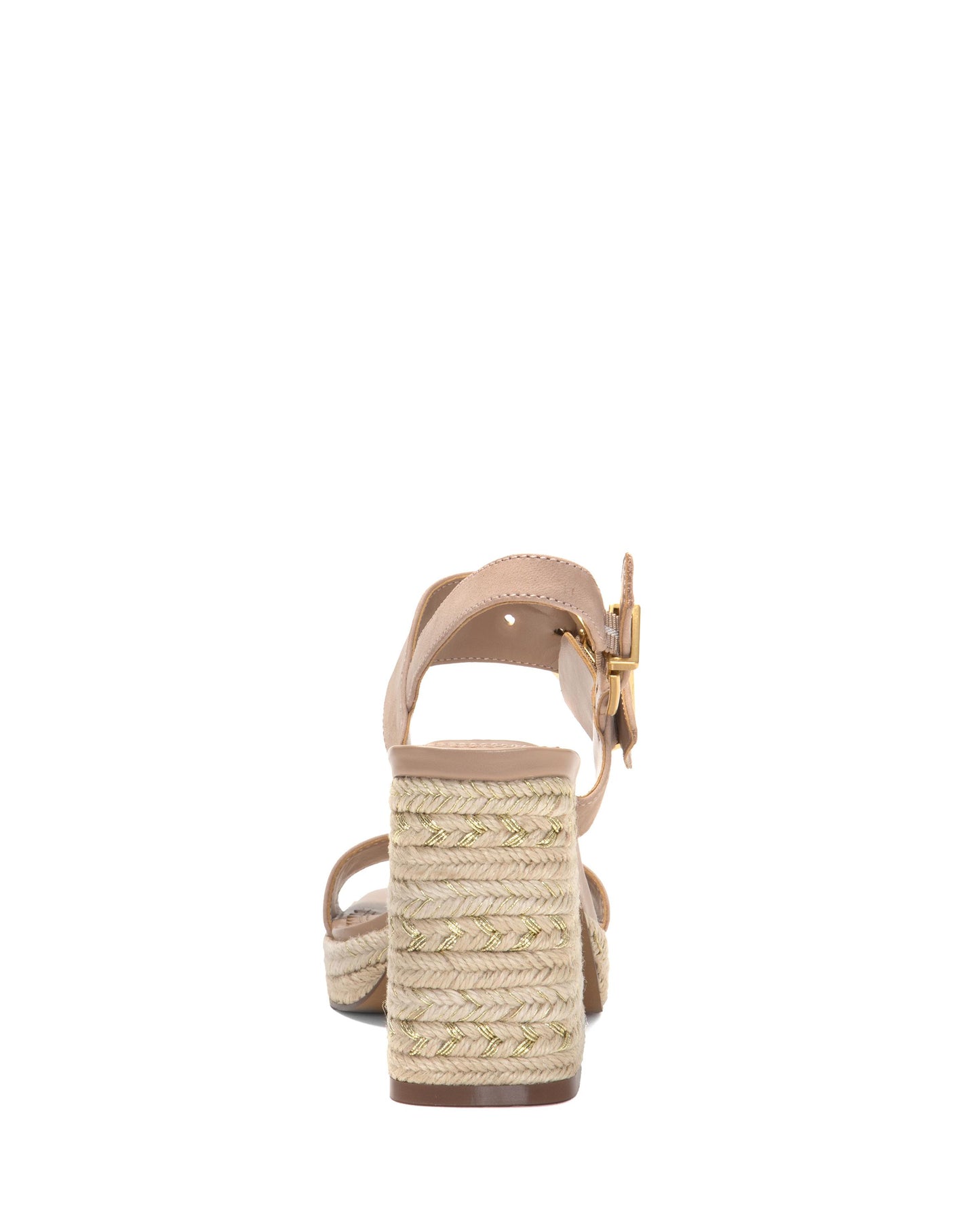 Beige espadrille heeled sandals with ankle strap.