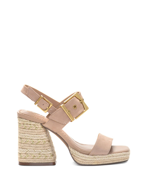 Nude, high-heeled platform sandal with a tan, rope-covered block heel and large gold buckle on the ankle strap