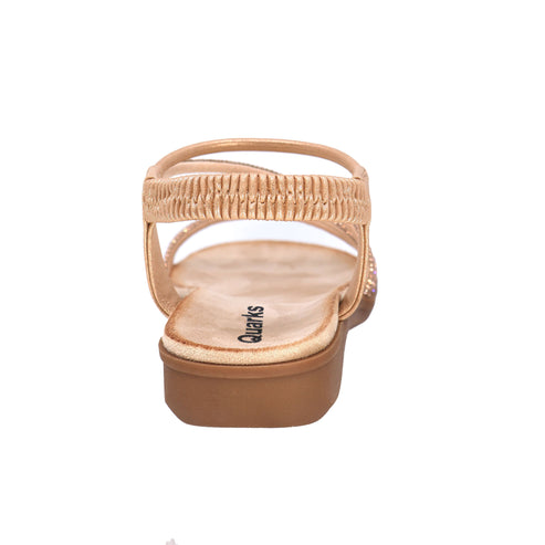 Tan sandal with two upper elastic straps and low platform heel; Quark's logo on insole.