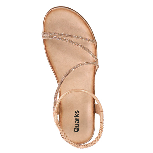 Tan sandal with thin, rhinestone-covered straps.