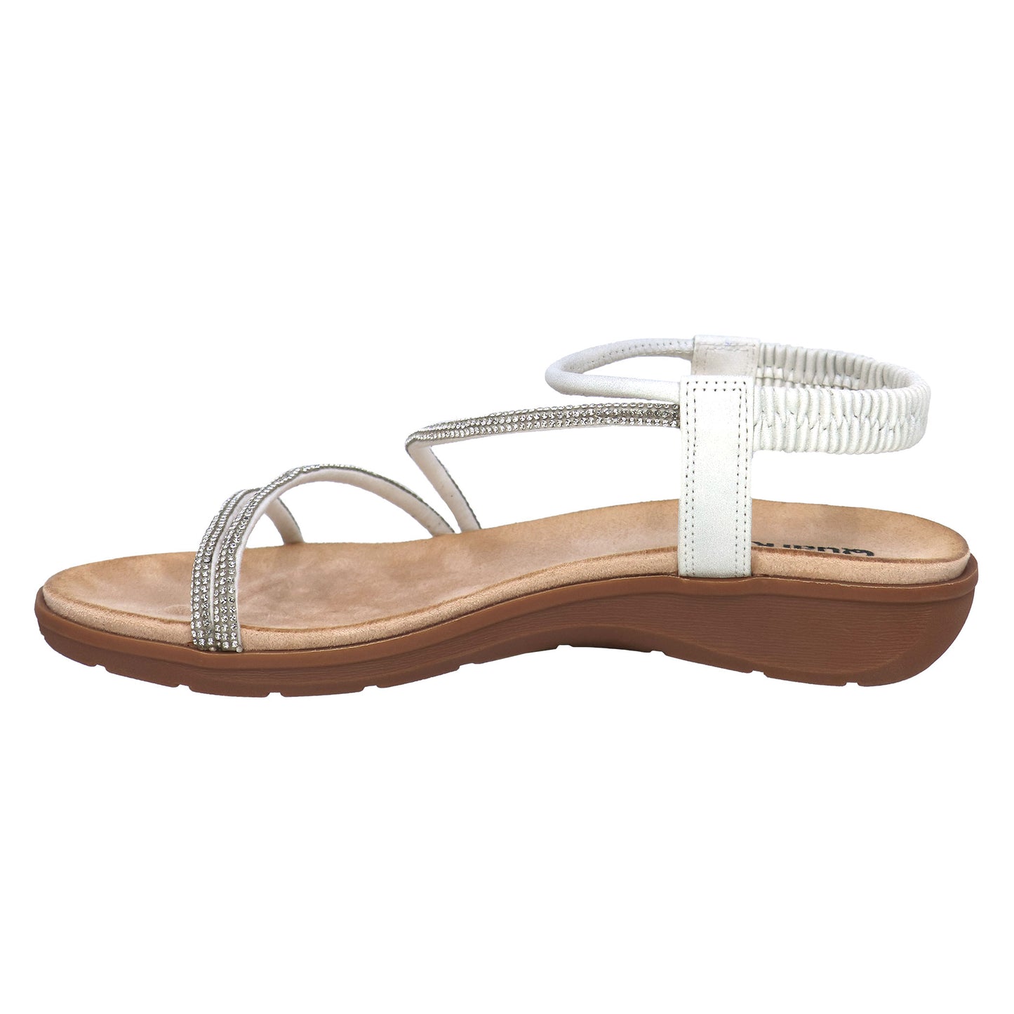 White sandal with ankle strap and rhinestone straps