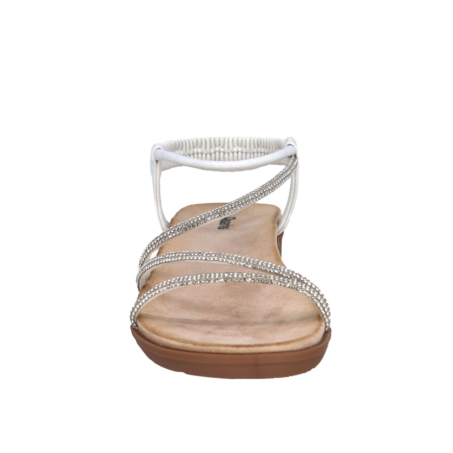 White sandal with criss-cross straps and rhinestone embellishments.