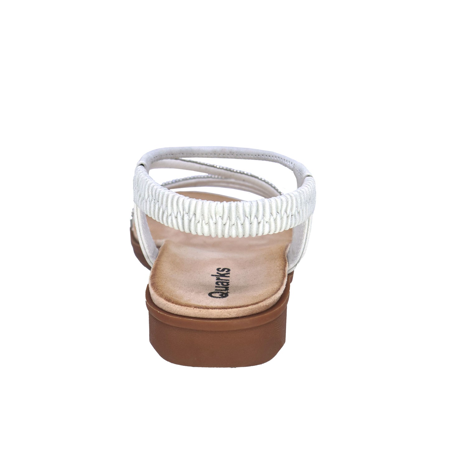 Beige sole sandal with woven elastic bands, brand name visible on the insole.