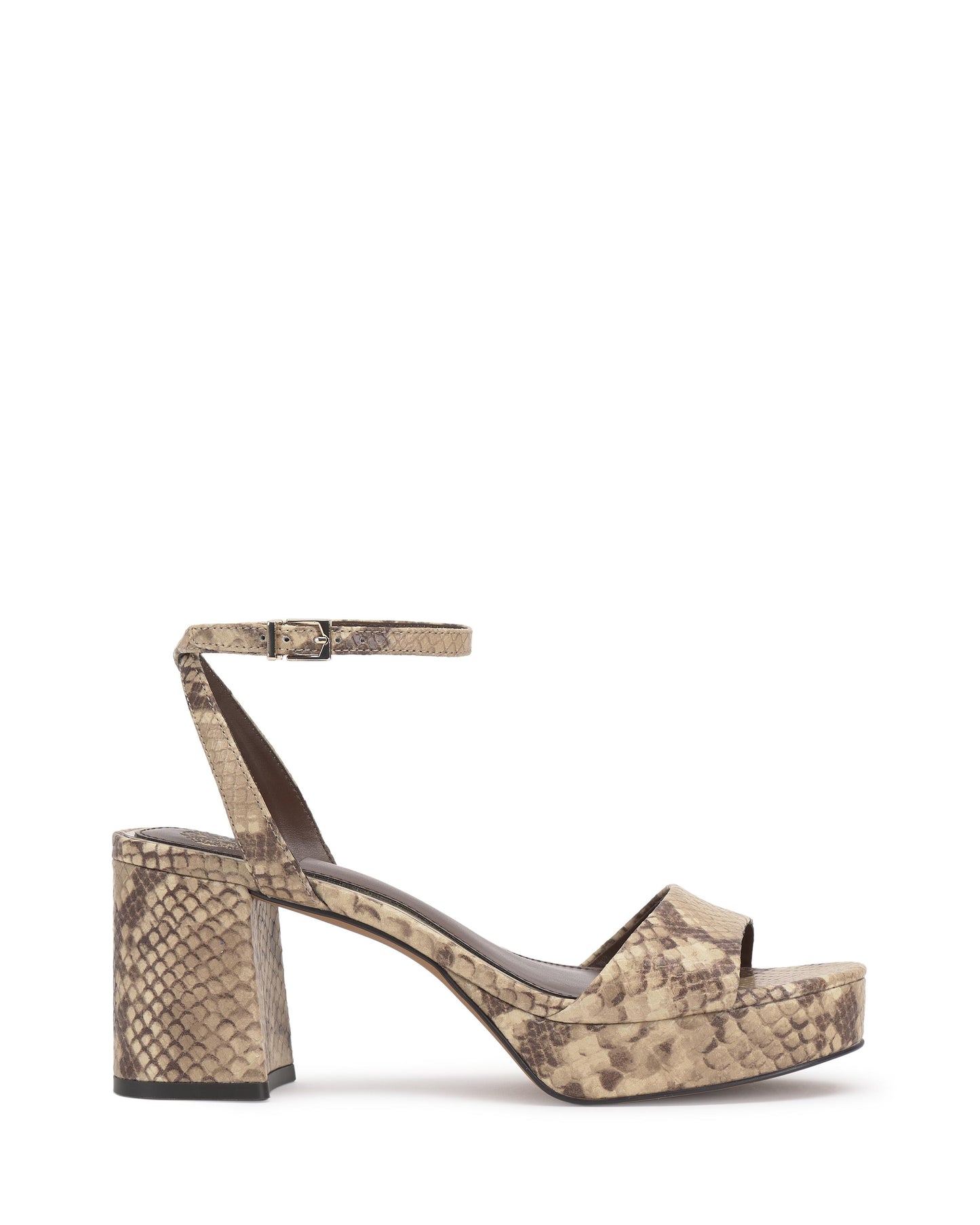 A women's platform heel shoe with snakeskin pattern and ankle strap.
