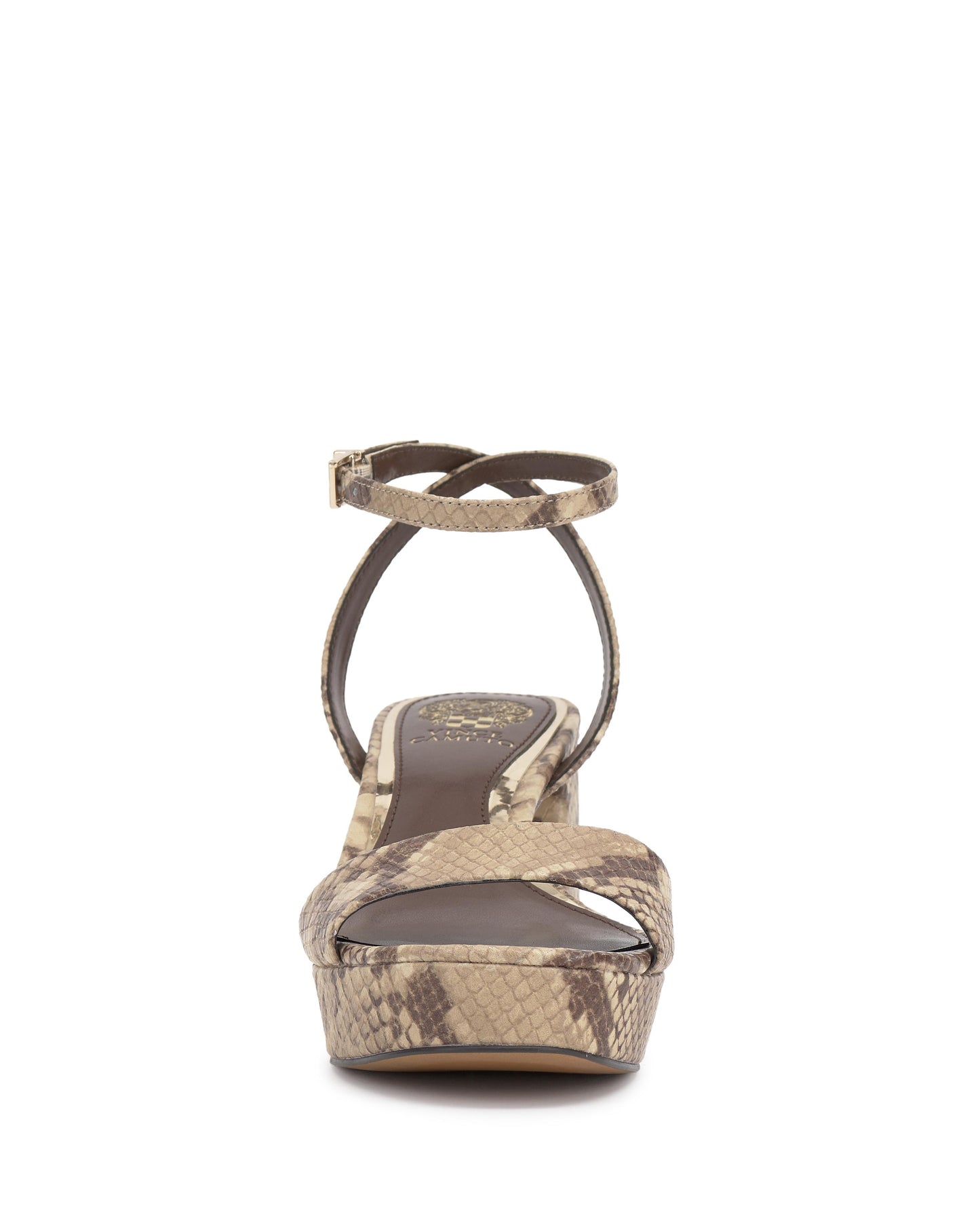 Front view of high heel snake print platform sandals with an ankle strap.