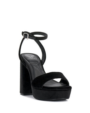 Black platform sandal with ankle strap and block heel.