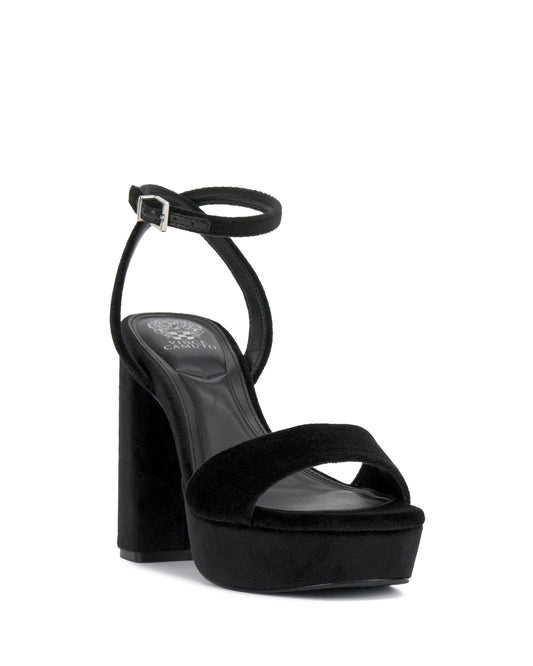 Black platform sandal with ankle strap and block heel.