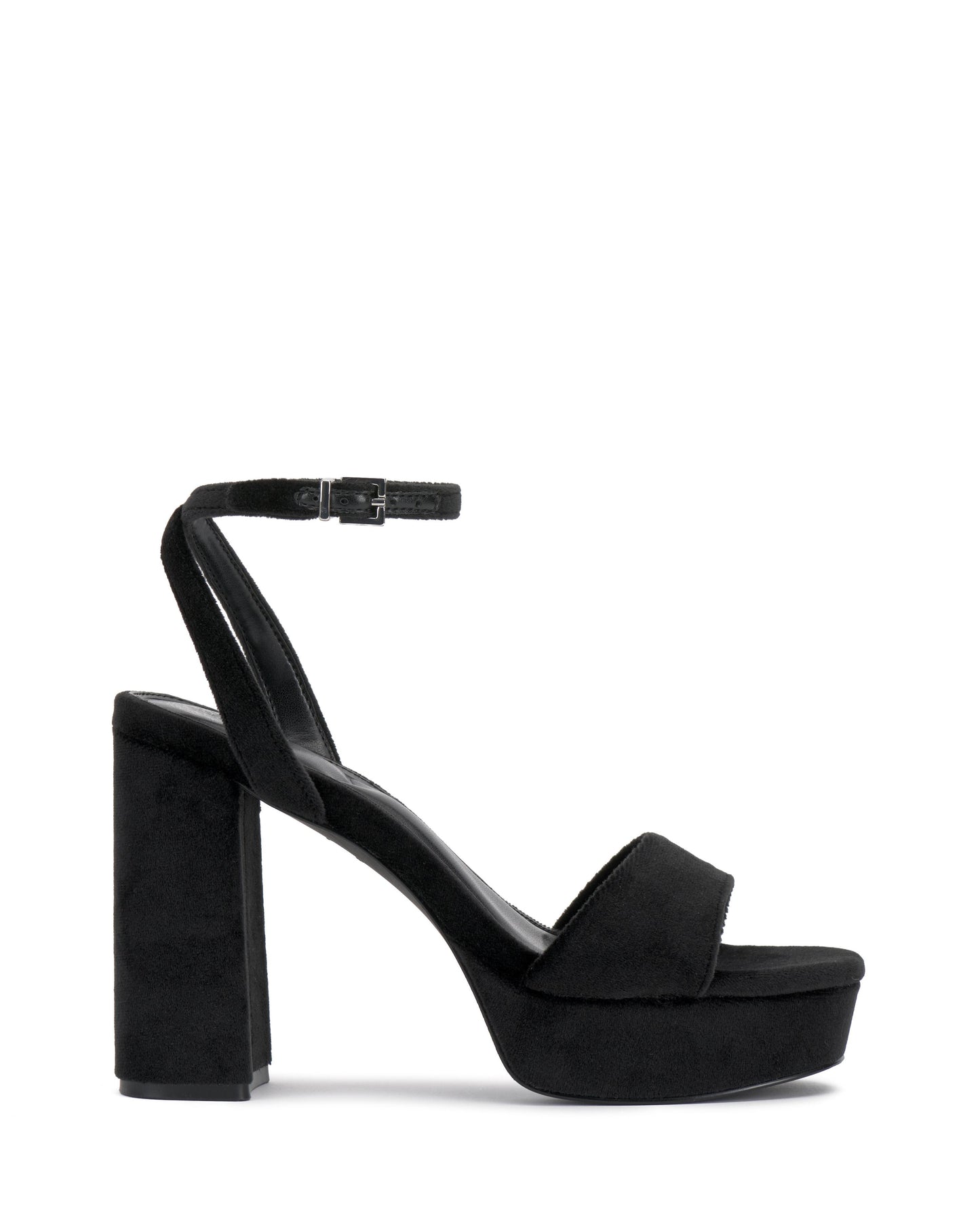 Black platform high heel with ankle strap.