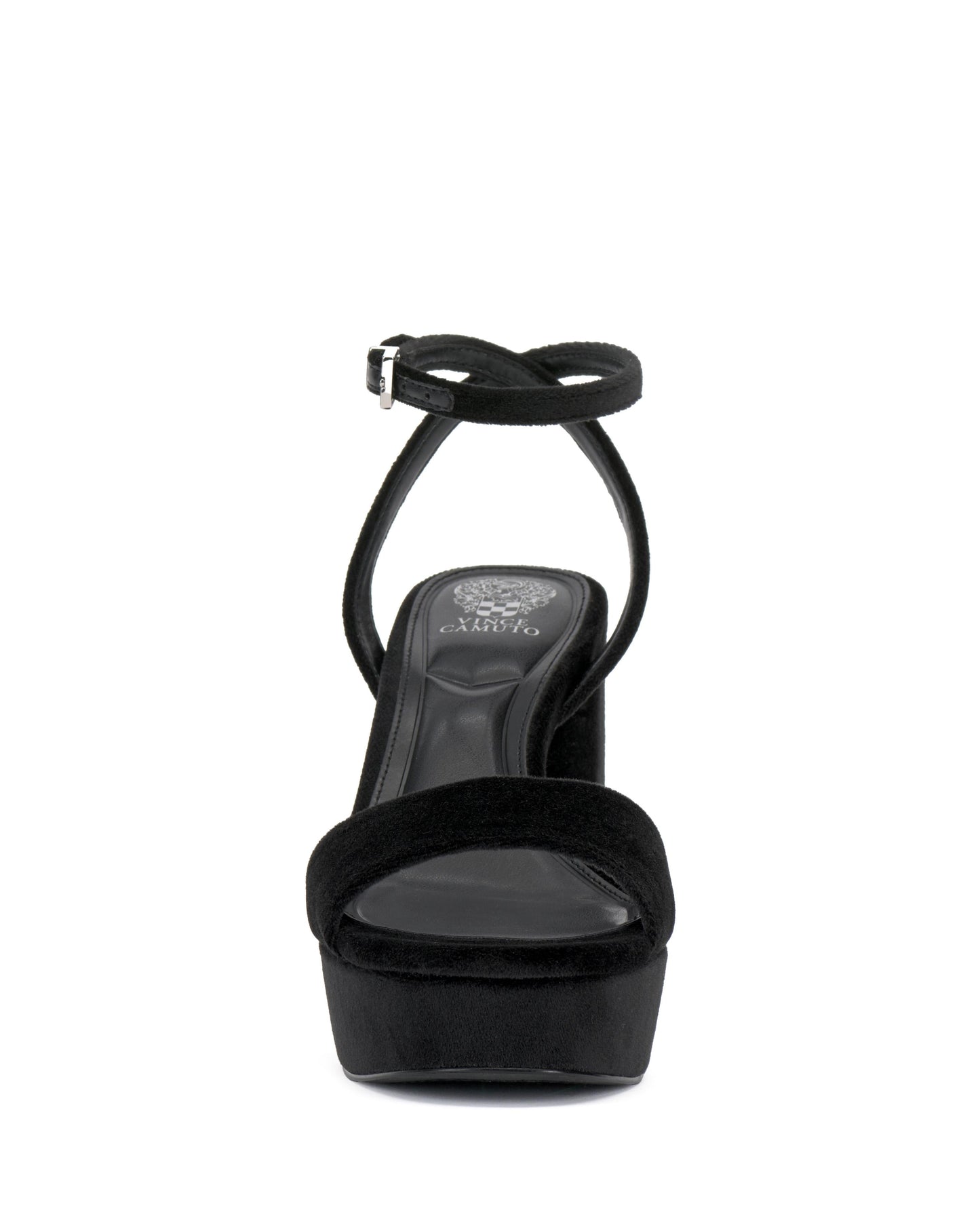 Front view of a black platform sandal with an ankle strap and block heel.