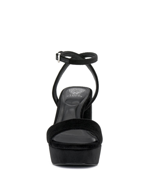 Front view of a black platform sandal with an ankle strap and block heel.