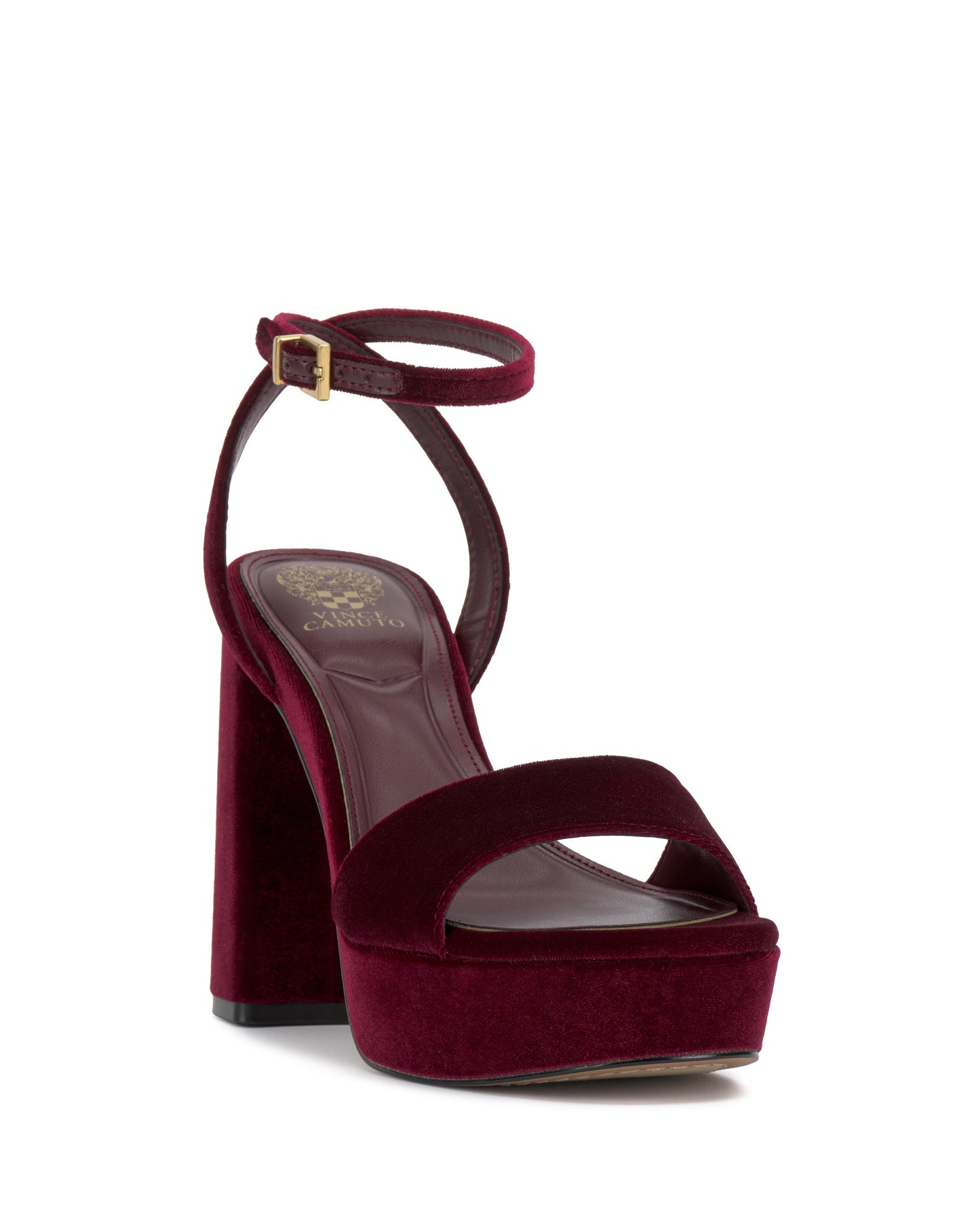 Burgundy velvet platform heel with an ankle strap