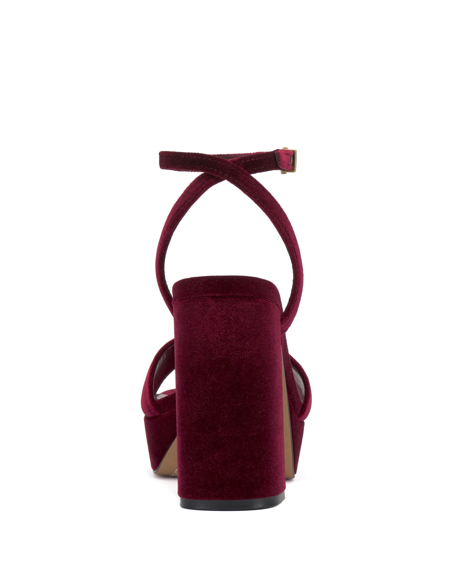 Back view of a velvet platform heel sandal with an ankle strap.