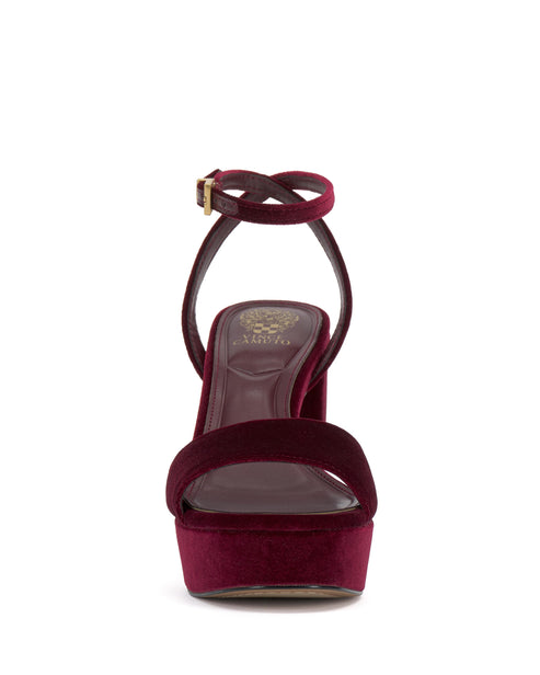 Platform block heel, open-toe, and ankle strap in maroon velvet.
