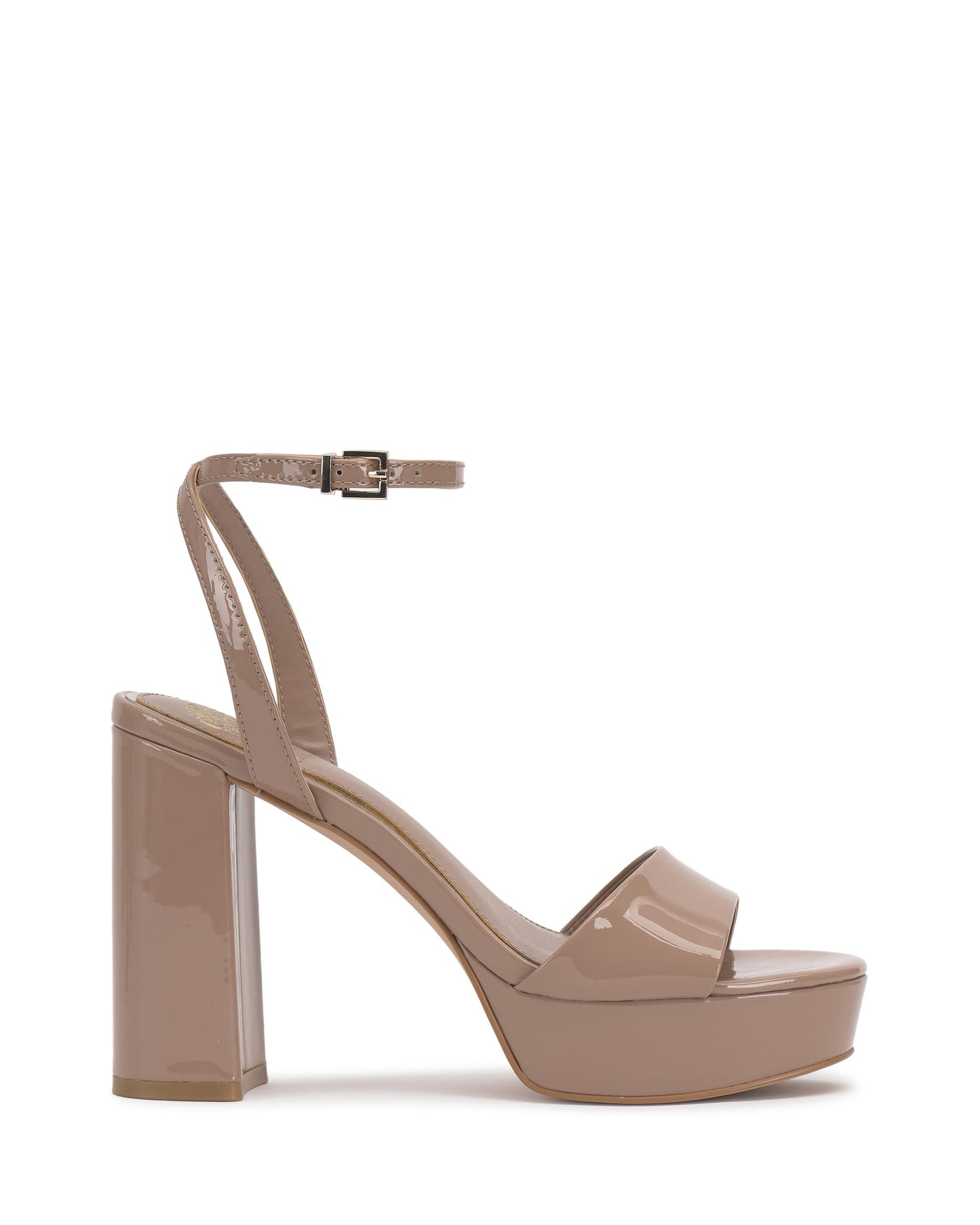 Nude patent leather platform sandal with an ankle strap and a block heel.