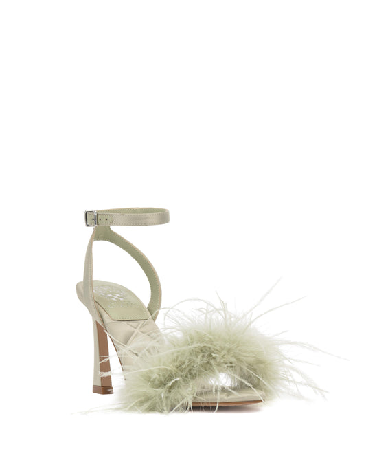 Light green high heel shoe with ankle strap and green feather adornment.