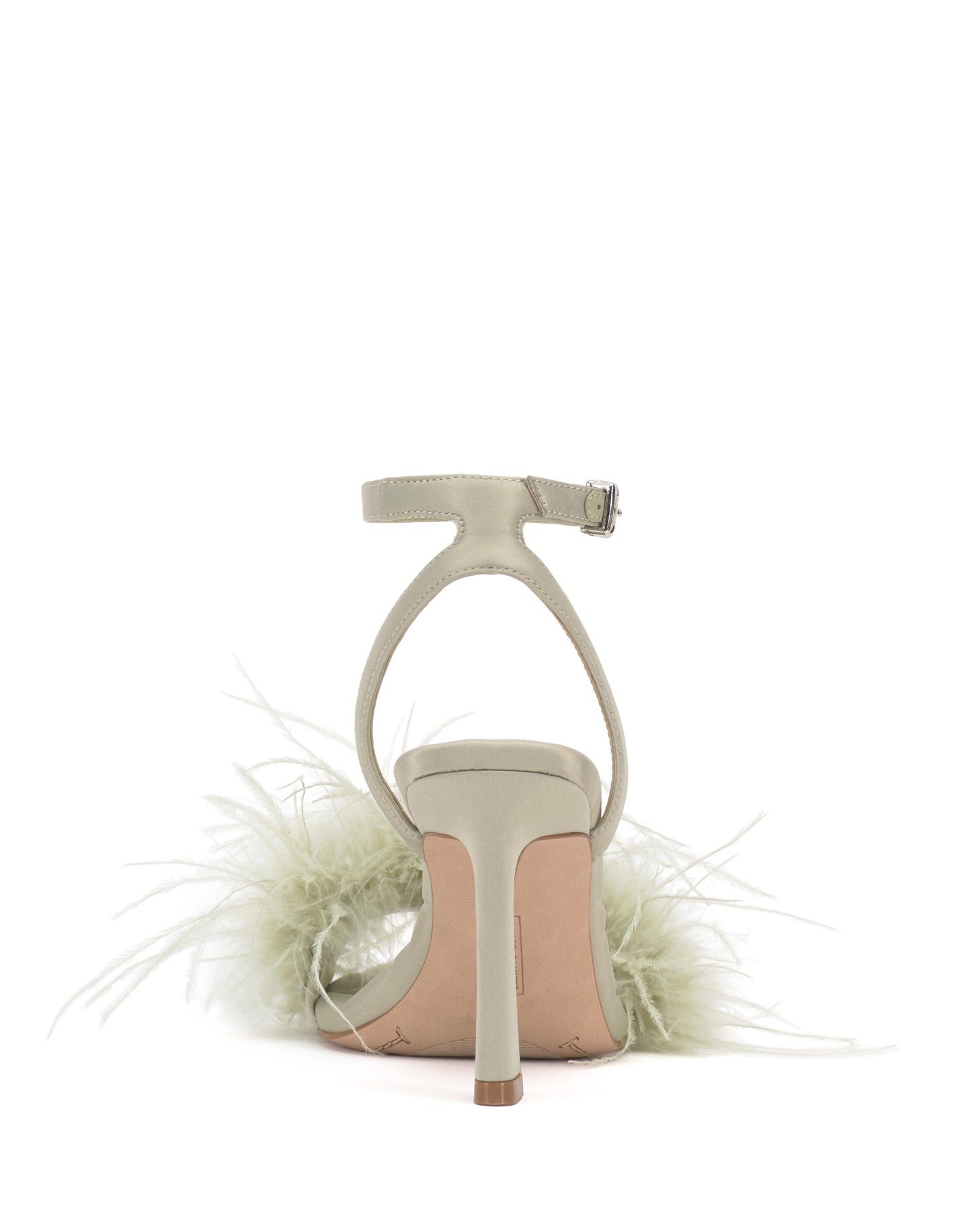 Back view of a stiletto heel sandal featuring an ankle strap and toe strap with attached green feathers.