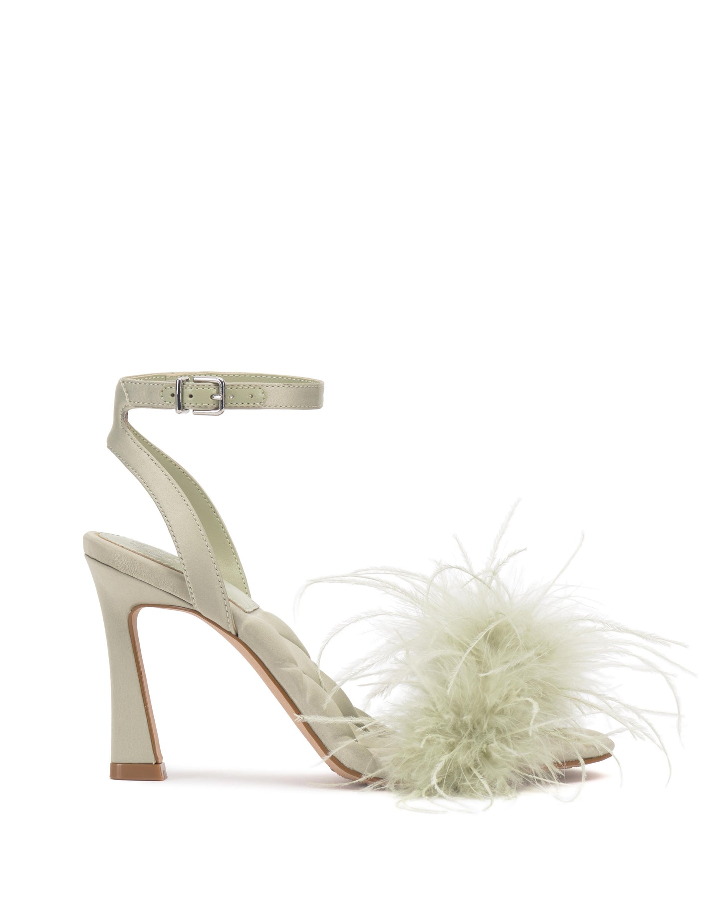 Sage green heeled sandal with ankle strap and toe feather embellishment.