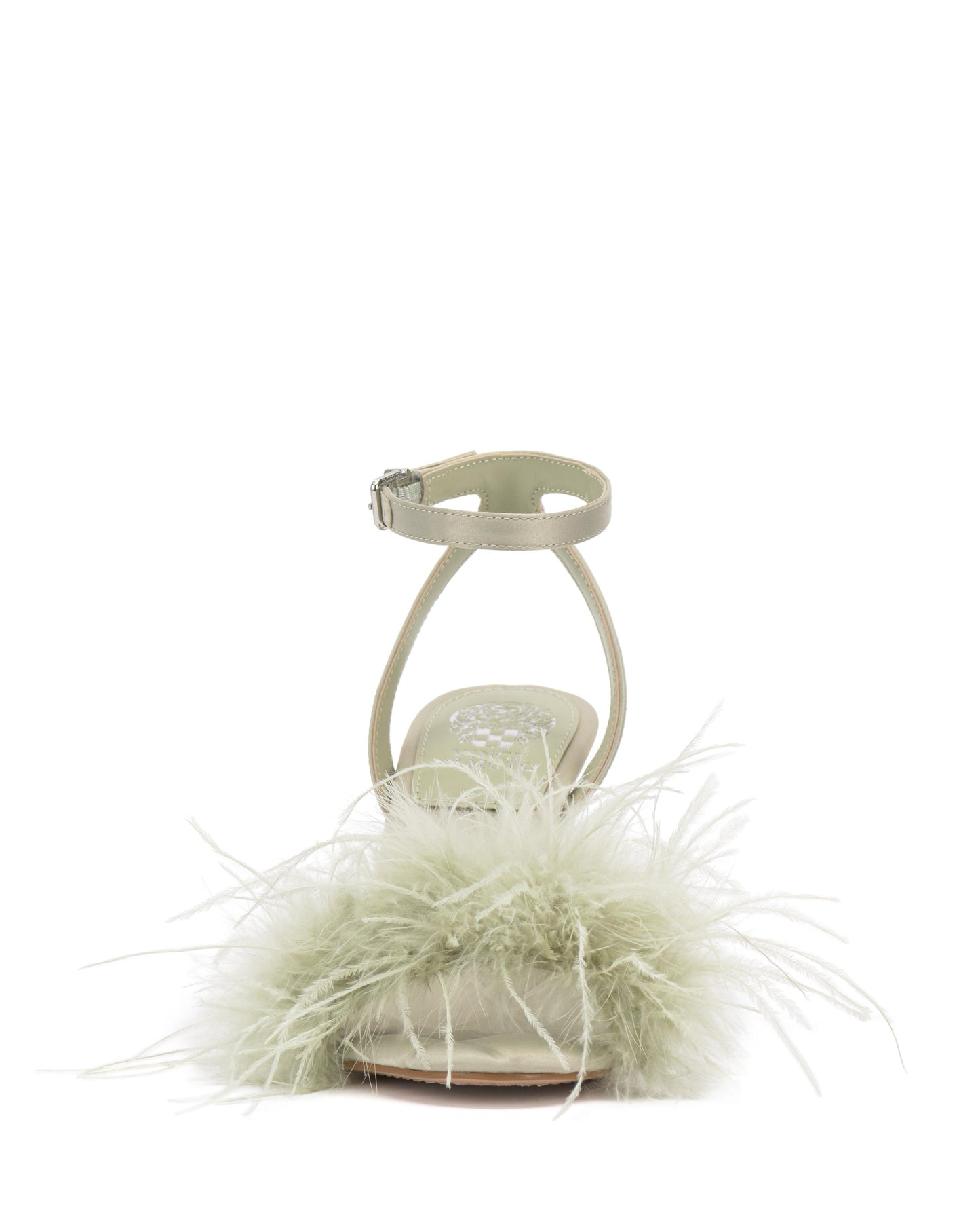 Light green satin ankle strap sandal with feathered vamp.