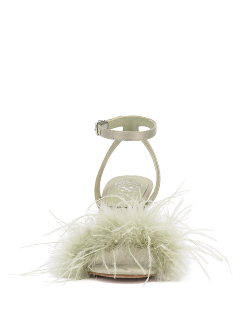 Light green satin ankle strap sandal with feathered vamp.