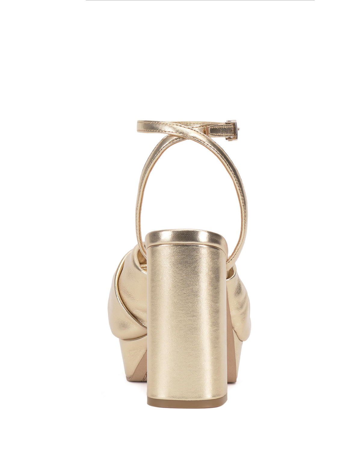 Gold-colored, high-heeled, ankle-strap sandal, rear view.