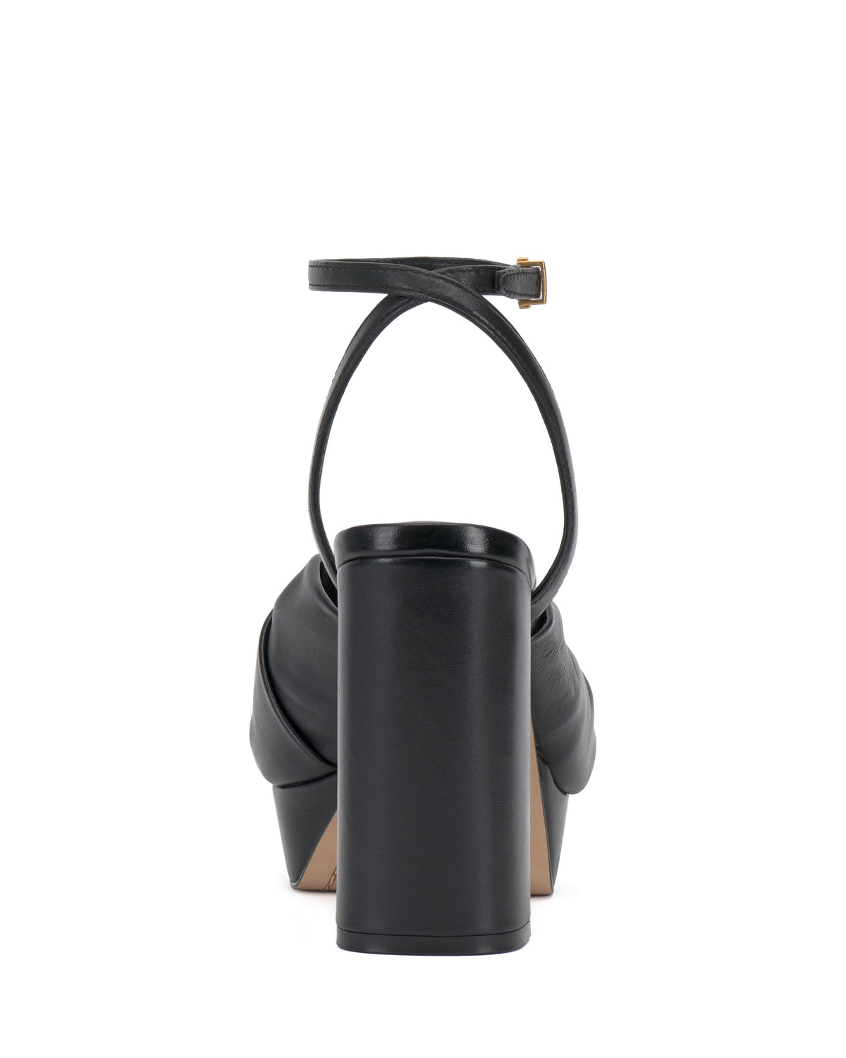 Back view of a black platform sandal with an ankle strap and a high, cylindrical heel.