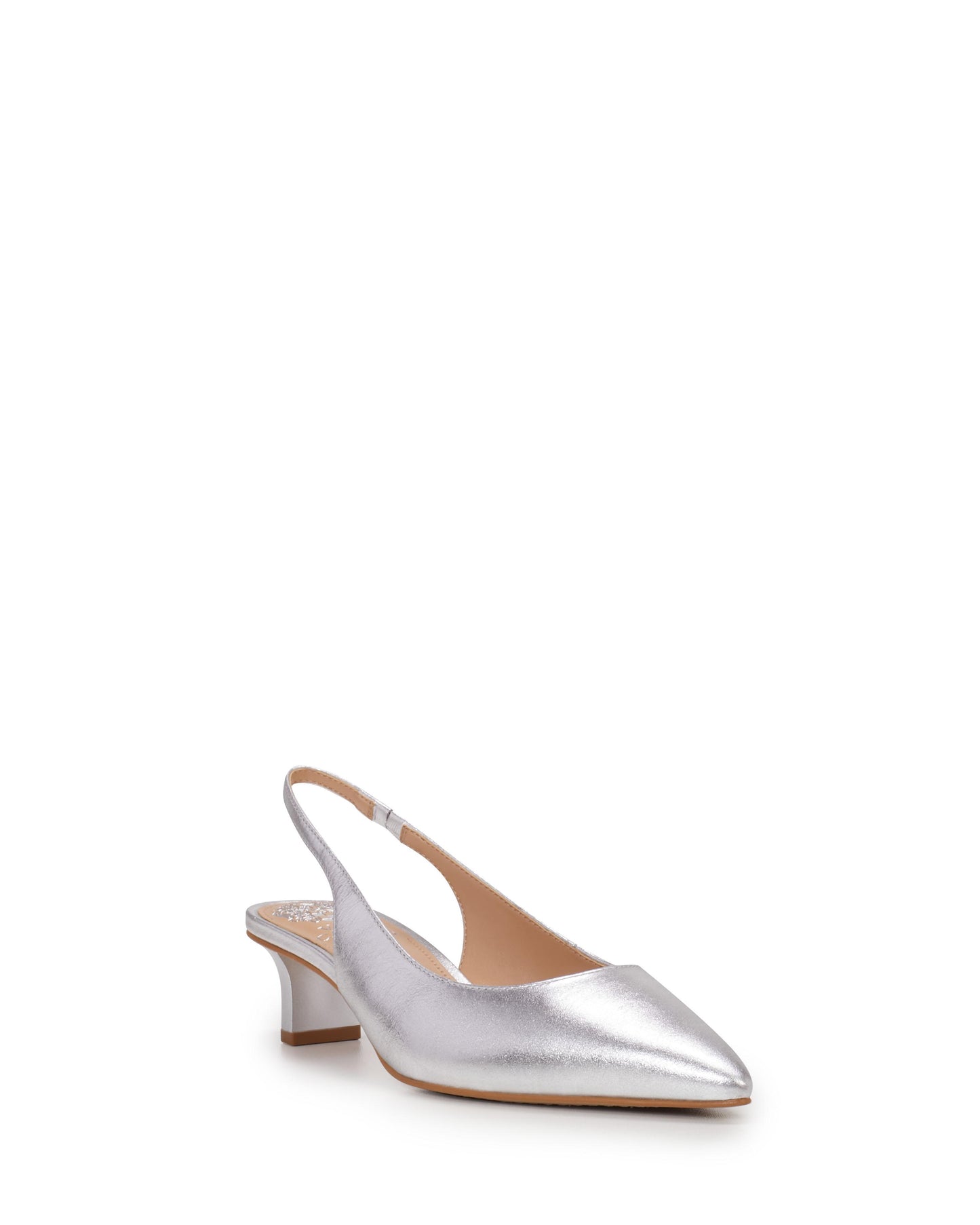 Silver pointed-toe slingback pump with a block heel.