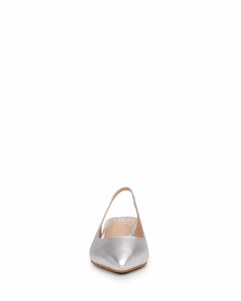 Silver pointy-toe slingback heel.