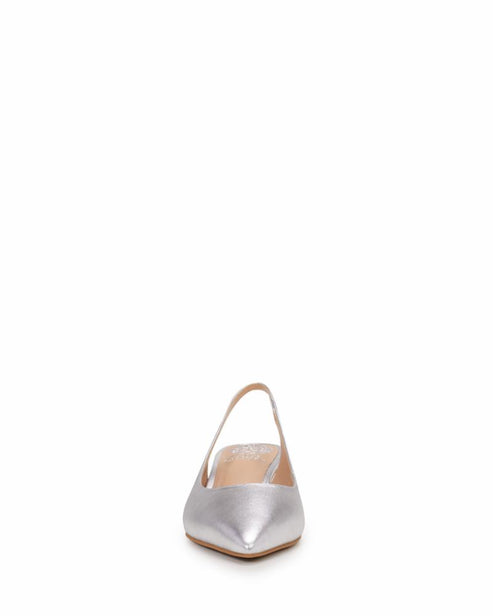 Silver pointy-toe slingback heel.