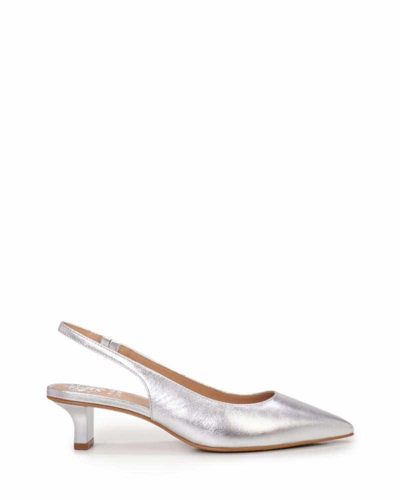 Silver pointed-toe slingback heel.